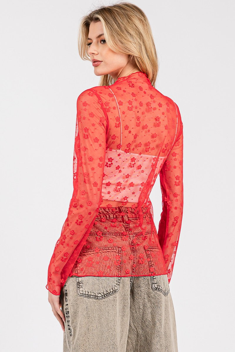 Floral Mesh Lace Top - Red