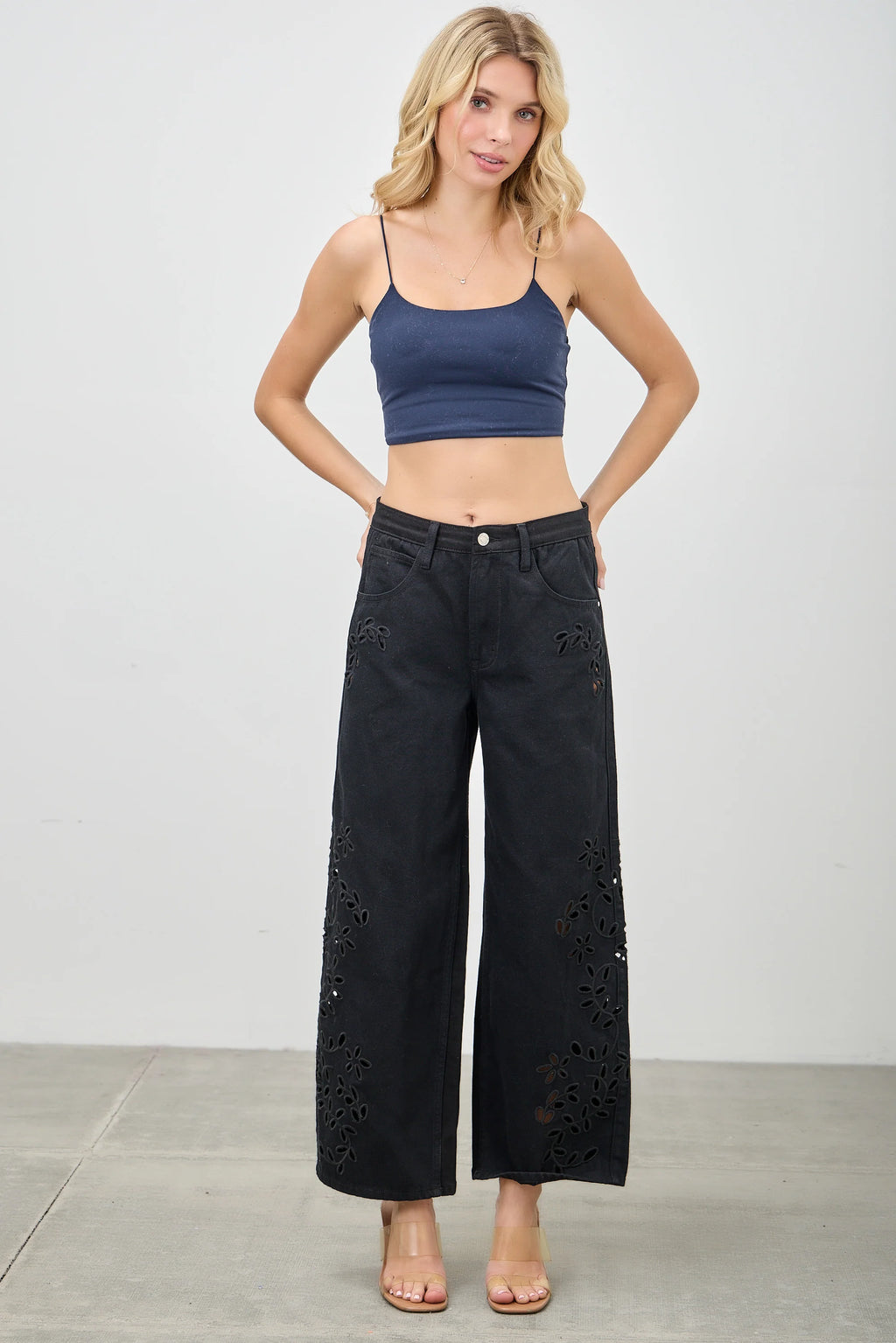 The Wildflower Embroidered Barrel Jeans - Black