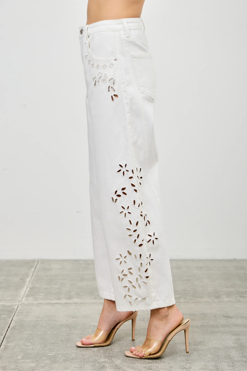 The Wildflower Embroidered Barrel Jeans - White