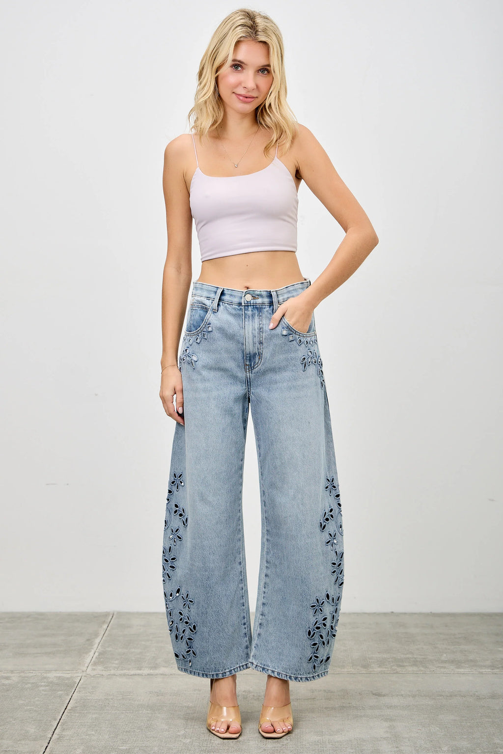 The Wildflower Embroidered Barrel Jeans - Denim