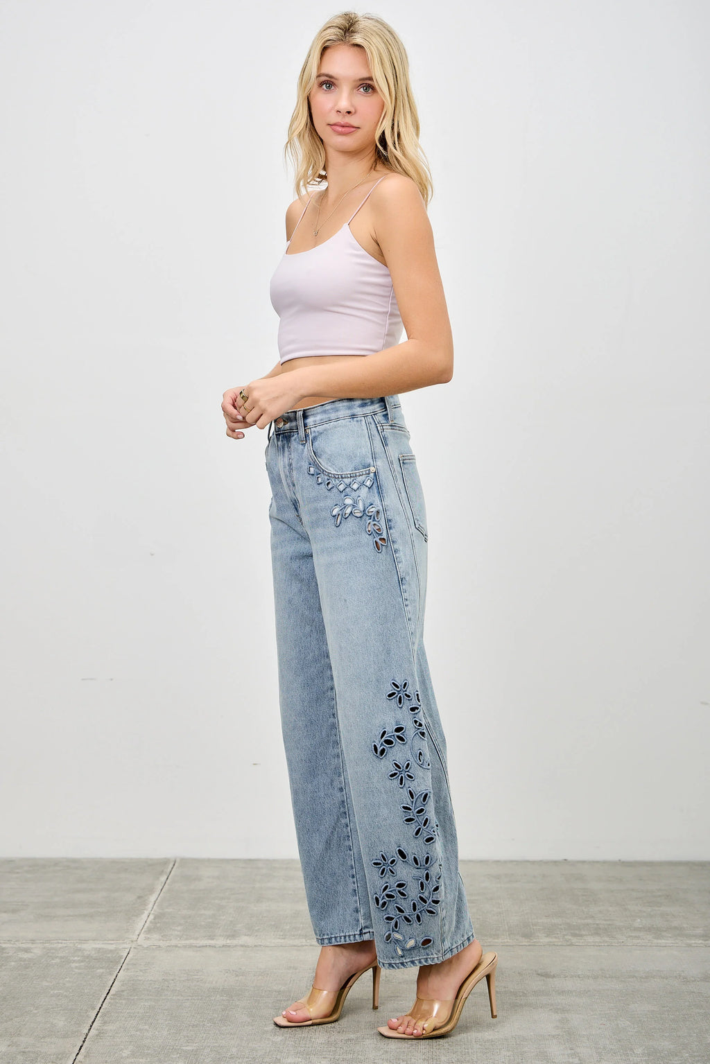 The Wildflower Embroidered Barrel Jeans - Denim