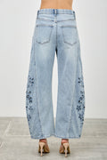 The Wildflower Embroidered Barrel Jeans - Denim