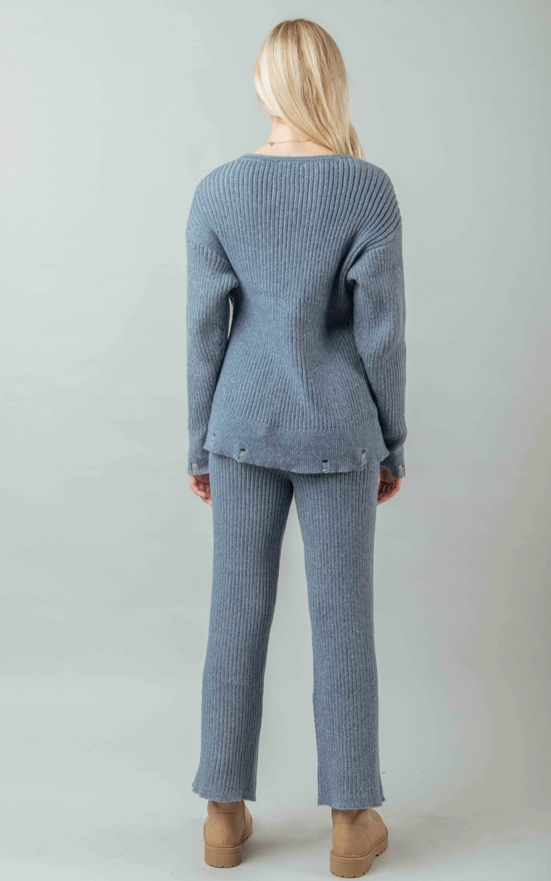 Distressed Sweater Set - Blue