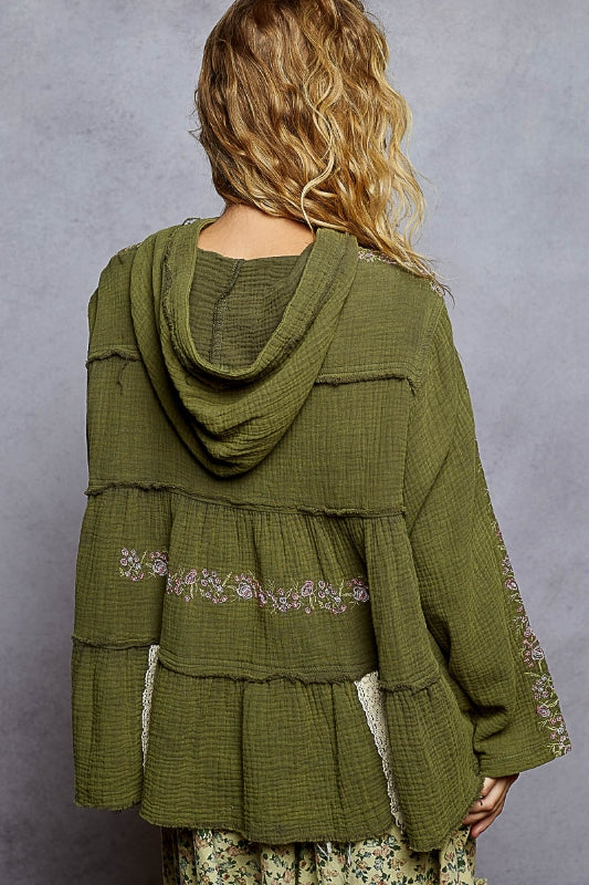 POL Olive Meadow Embroidered Top