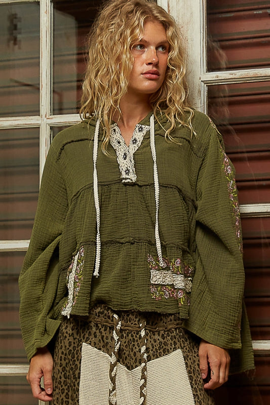 POL Olive Meadow Embroidered Top