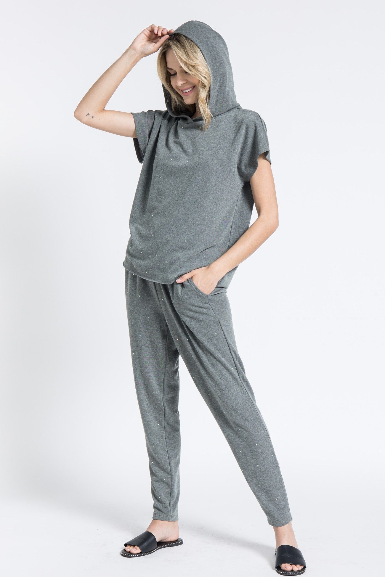 Embellished French Terry Set - Olive & Black