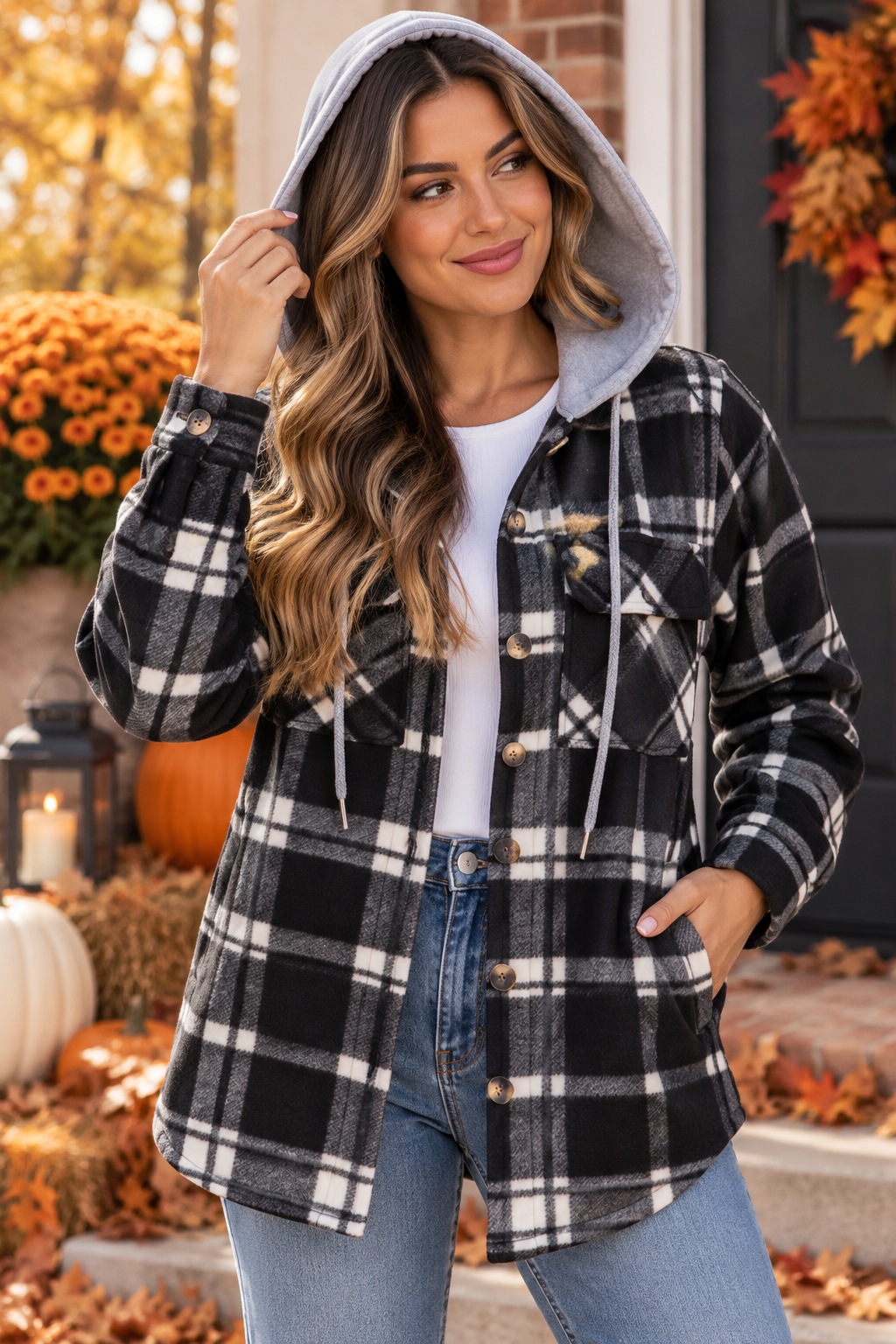 Harvest Plaid Hooded Shacket - Black
