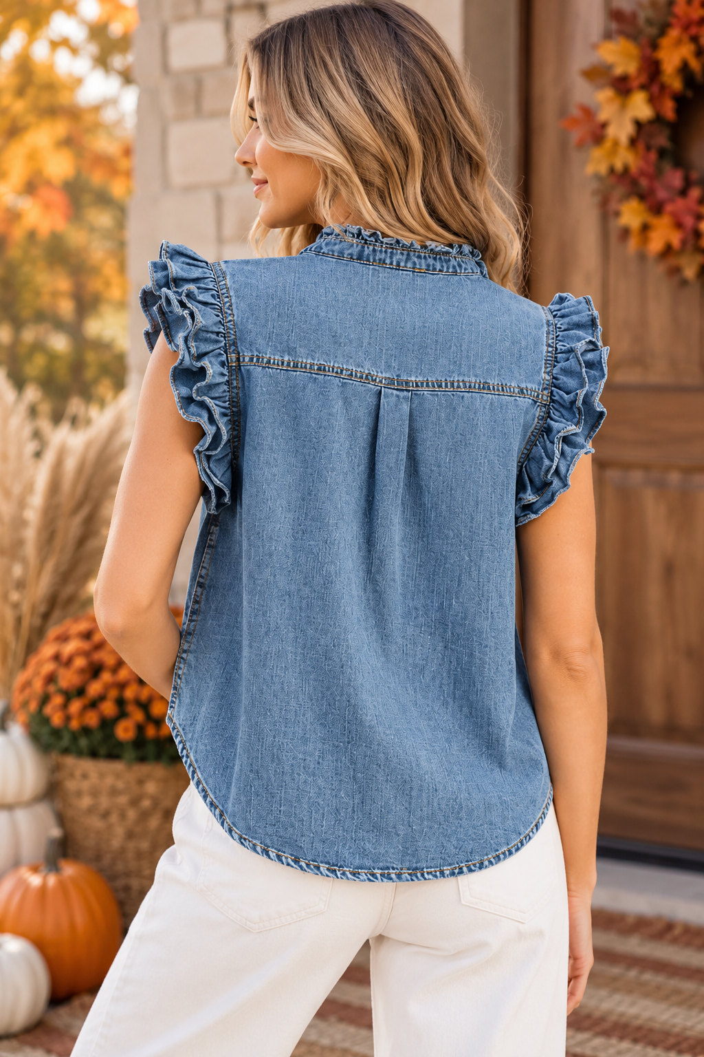 Easel Blue Belle Ruffle Denim Top