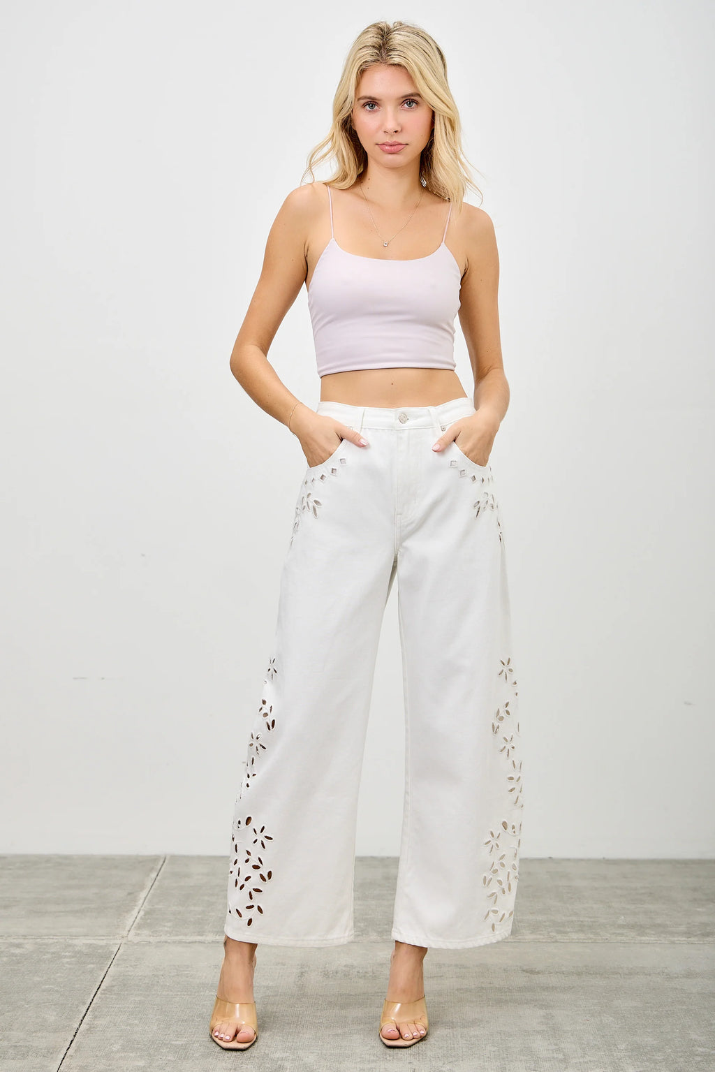 The Wildflower Embroidered Barrel Jeans - White